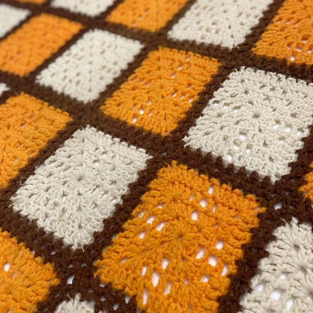 Handmade Orange and Cream Crochet Granny Square Throw - Brand